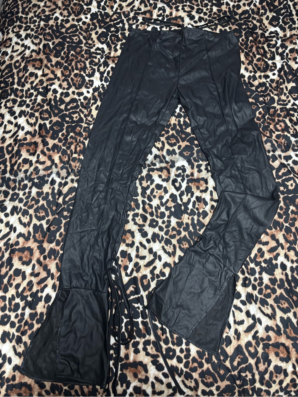 Black Faux Leather Lace-Up Flare Pants